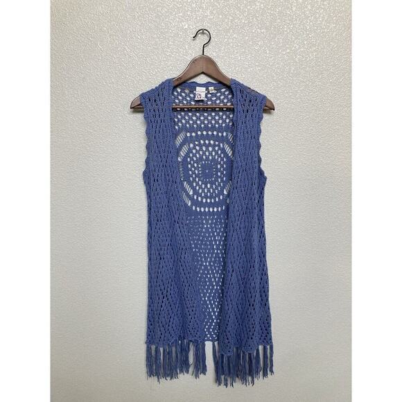 Oh M G open knit sleeveless long cardigan blue medium beachy boho hippie crochet - Picture 1 of 6